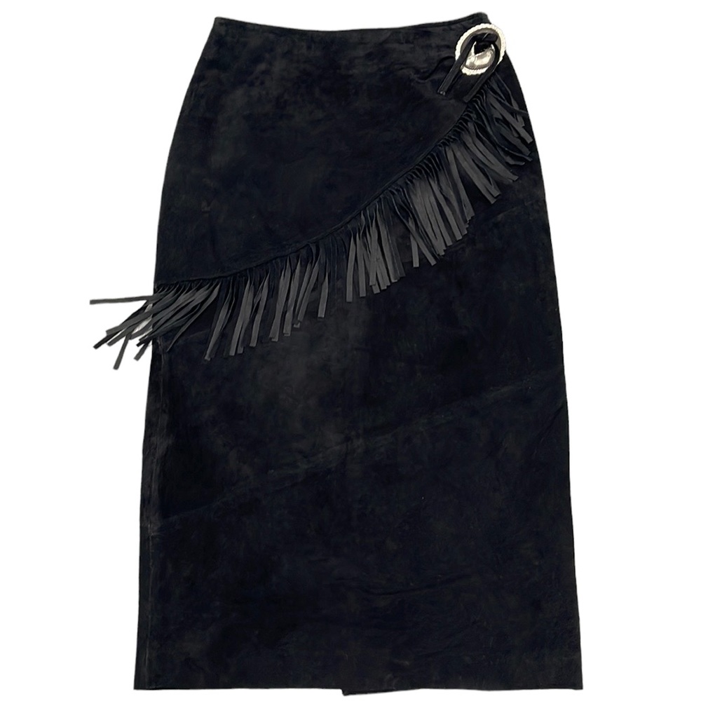 Vintage Black Suede Boho Leather Skirt with Fringe